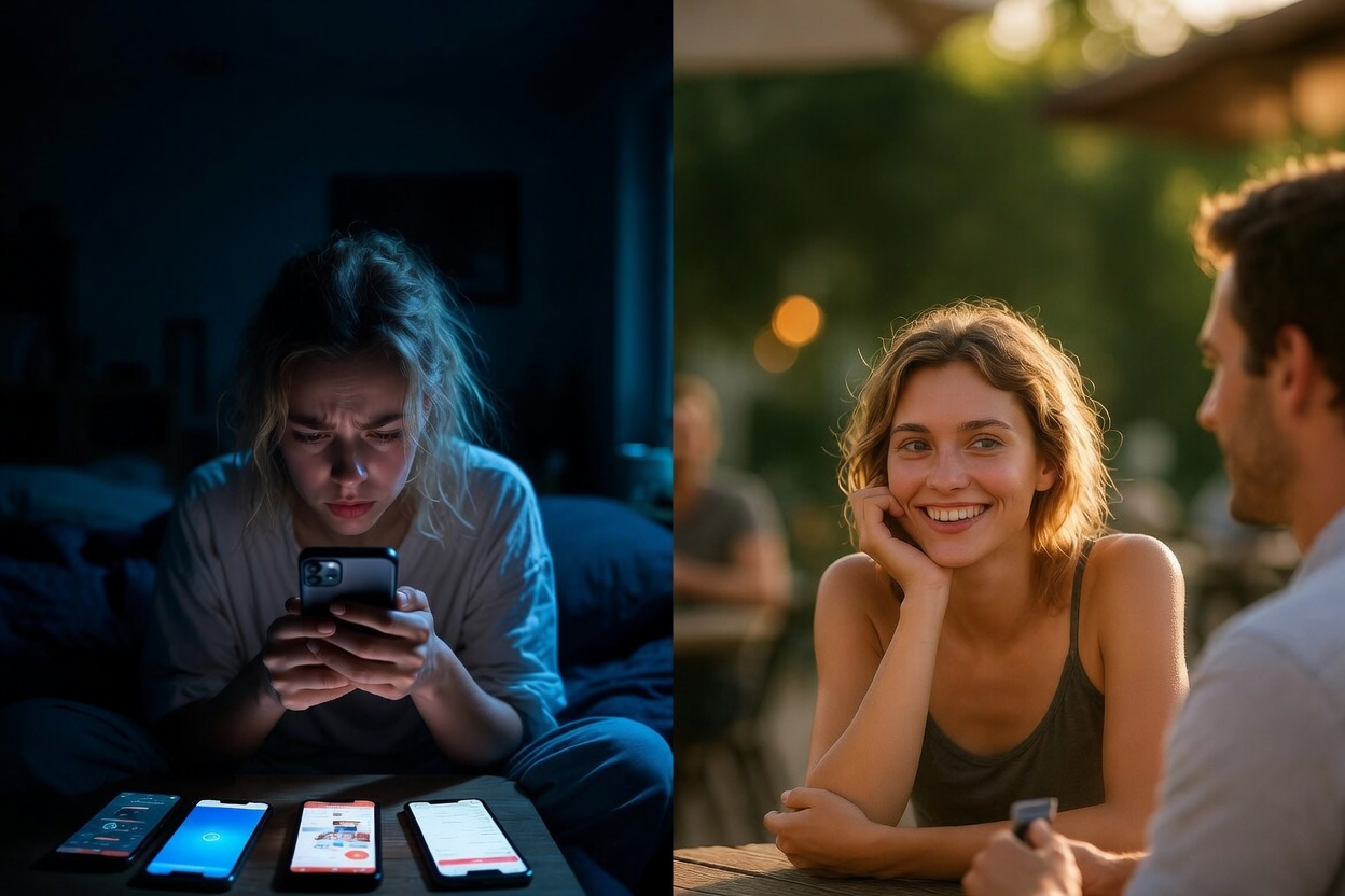 Tired woman scrolling dating apps on the left, happy woman enjoying real conversation on a date on the right. Split image showing the difference between dating app burnout and genuine real-life connection.